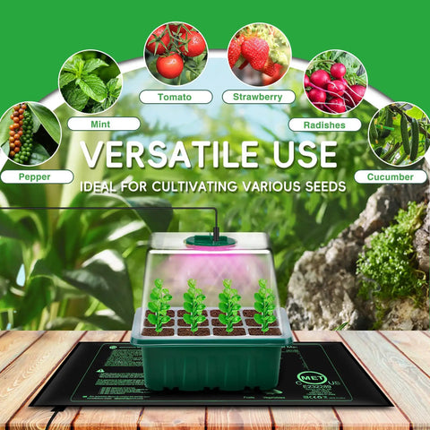 Seed Starter Kit With Grow Light, 5 Pack Seedling Trays With Heat Mat And Humidity Domes, showcasing versatile use for herbs and vegetables.