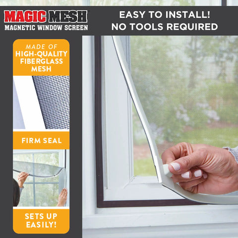 Close-up of Magnetic Window Screen Kit being installed on window, featuring see-through mesh with magnetic edges for easy no tools installation.