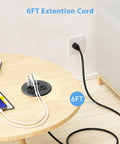 Slick Flush Mount Desktop Power Grommet Offering Recessed Layout With Two AC Outlets PD 20W USB C Fast Charge Port And Ethernet Jack, 6ft extension cord in use on tabletop.