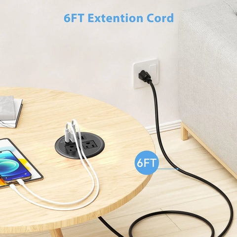 Slick Flush Mount Desktop Power Grommet Offering Recessed Layout With Two AC Outlets PD 20W USB C Fast Charge Port And Ethernet Jack, 6ft extension cord in use on tabletop.