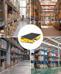 Heavy Duty Machine Mover Dolly Skates With 180 Degree Steering Rollers For Smooth Narrow Aisle Navigation and Ergonomic Non Slip Handle To Crush Heavy Loads No Sweat At All in a warehouse setting.