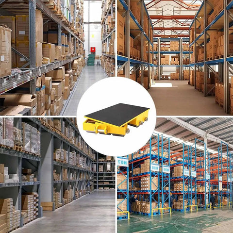 Heavy Duty 180 Degree Steering Machine Mover Dolly Featuring Ergonomic Handle seen in a busy warehouse aisle with shelves.