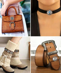 Badass Vintage Turquoise Screw Back Concho Kit For Leather Work And Fabric Sewing 22 Assorted Styles Quality Alloy Rivets With Secure Fastening Hardware For Custom Builds, showcasing accessories like a purse, choker, boots, and belt.