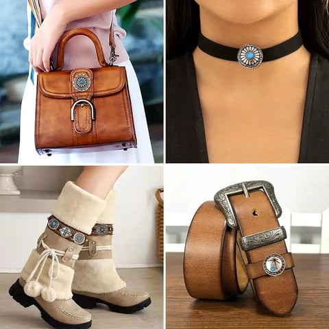 Badass Vintage Turquoise Screw Back Concho Kit For Leather Work And Fabric Sewing 22 Assorted Styles Quality Alloy Rivets With Secure Fastening Hardware For Custom Builds, showcasing accessories like a purse, choker, boots, and belt.