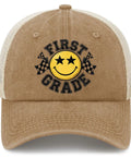 Front view of Too Cool For 1st Grade Mesh Baseball Hats For Men And Youth Trucker Cap Style with smiley face design