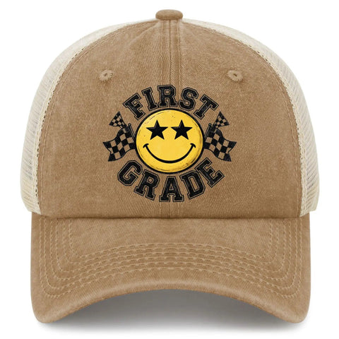 Front view of Too Cool For 1st Grade Mesh Baseball Hats For Men And Youth Trucker Cap Style with smiley face design