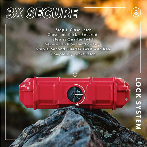 Side view of EDC 56 Dry Box Go-To Tough Protective Case Made in USA, showing lock system instructions on rugged polycarbonate case.