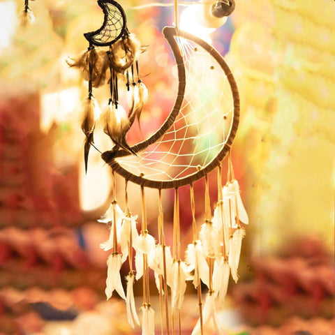 Crescent moon dream catcher with feathers and beads hanging, showcasing 8 Pcs Metal Moon Frame Hoops in Four Sizes.