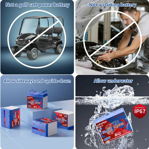 12V 100Ah LiFePO4 Battery With Built In 100A Smart BMS For RV shows waterproof, upside-down use, not for golf carts or starting engines.
