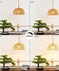 Plug In Pendant Light With Dimmable Cord Handcrafted Rattan Wicker Basket Shade shown at different brightness levels in living room.