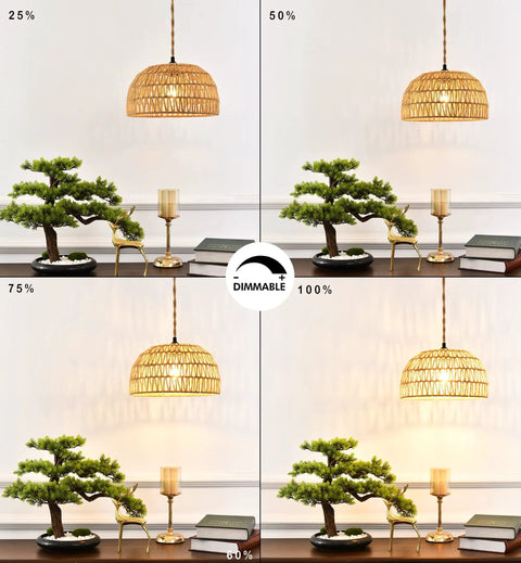 Plug In Pendant Light With Dimmable Cord Handcrafted Rattan Wicker Basket Shade shown at different brightness levels in living room.