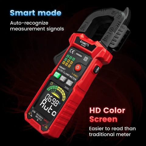 Smart Digital Clamp Meter With D-Shaped Jaws And Color Screen, Auto-Ranging Amp Meter, displaying smart mode on screen.