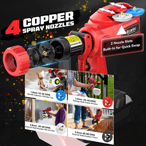 Professional Grade Cordless Paint Sprayer Compatible With Milwaukee 18V Side Fill 1200 ML Tank 43000 RPM Four Nozzles showcasing four copper spray nozzles.