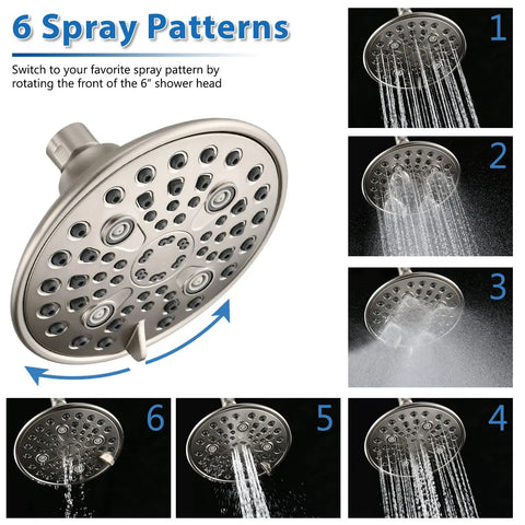 Double Shower Head With Built In Valve For High Pressure Showering 6 Settings showing spray patterns, brushed nickel finish.