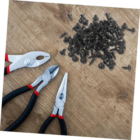 100 Piece Mini Machine Screws For Furniture Repair And DIY Projects Rock Solid Tiny Fasteners with pliers on wooden surface.