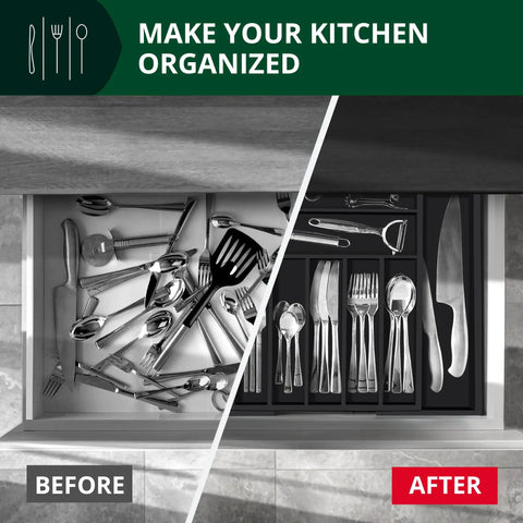 Before and after kitchen drawer with Premium Must Have Bamboo Kitchen Drawer Organizer With 9 Grooved Slots For Silverware And Utensils.