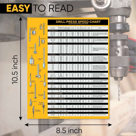 Magnetic drill press RPM chart sign, yellow; mounted on a drill press, 8.5x10.5 in, USA-made