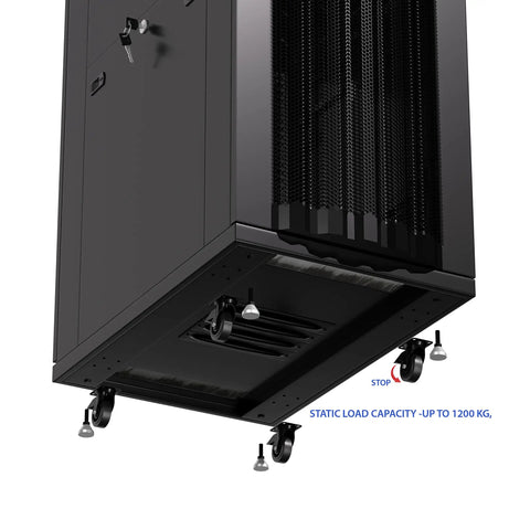 Bottom view of Top Tier Pro Rig 42U Server Rack Cabinet With Rolling Casters showing locking mechanism and caster wheels.