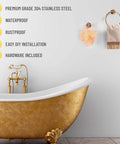 Gold Brushed 7 Piece Bathroom Accessory Kit Wall Mounted Featuring towel ring holding a towel above gold bathtub in modern bath