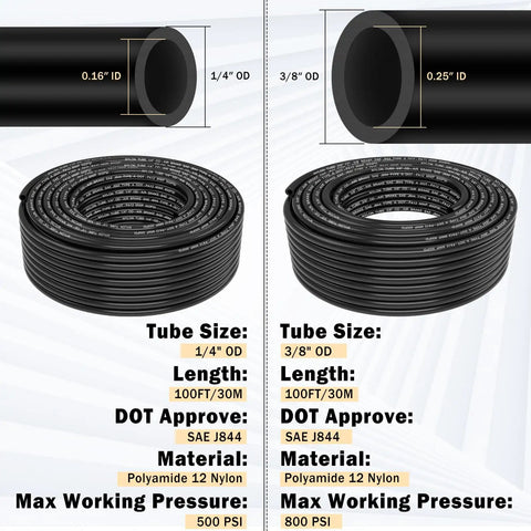Image showing 80 Piece Brass DOT Air Line Fittings Kit with two 100ft hoses, one 1/4 inch and one 3/8 inch, featuring detailed specs and sizes.