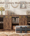 Hella Sturdy Farmhouse TV Stand For 65 Inch TV With Plenty Of Storage Space And Rustic Brown Finish shows sliding barn door design and storage.