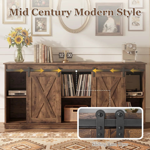 Hella Sturdy Farmhouse TV Stand For 65 Inch TV With Plenty Of Storage Space And Rustic Brown Finish shows sliding barn door design and storage.