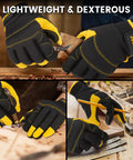 All Purpose Mens Utility Work Gloves With Synthetic Leather Palm For Tough Jobs shown in woodworking tasks.