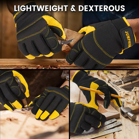 All Purpose Mens Utility Work Gloves With Synthetic Leather Palm For Tough Jobs shown in woodworking tasks.
