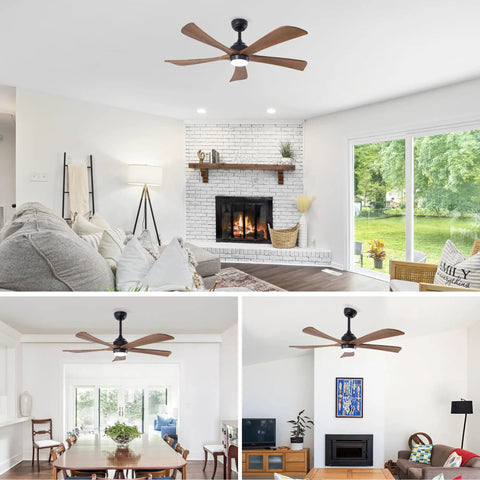 Geelife 52" 5PCS Solid Wood Blades Ceiling Fan with Lights Remote Control in modern living spaces, featuring matte black and wood design.