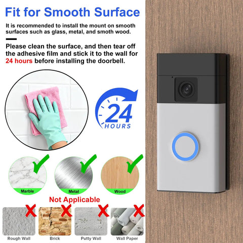 No Drill Doorbell Mount With Heavy Duty Adhesive Tape For Battery Powered Smart Video Doorbells on a smooth surface with cleaning instructions.