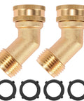 45 Degree Garden Hose Elbow Gooseneck Brass Connector 3/4 Inch GHT To 3/4 Inch No Fuss Stress Relief For RV Water Hoses Heavy Duty Solid Brass Includes Washers 2 Pack For Pressure Washers And Campers, 2 brass elbows with washers