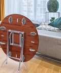 Drop Leaf Folding Table Hinge Set for dining tables in silver, displaying sturdy iron hinges on wooden table in living room