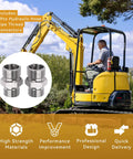 Hydraulic hose thread connectors (2 pcs) for mini excavators; close-up view with a yellow excavator in background.