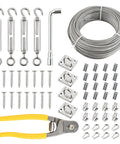 Heavy Duty 98 Ft Nylon Coated Stainless Steel Aircraft Cable Wire Rope Kit With Turnbuckles, tensioners, sleeves, and cutter displayed.