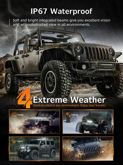 7 Inch LED Headlights Hi Low Beam 6000K Round Replacement for Jeep Wrangler shown on vehicle in various weather conditions