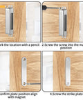Step-by-step installation of 4 Pack 150Lb Heavy Duty Magnetic Door Catches For Cabinets Closets Wardrobes Cupboards Kitchen Bathroom 3.74 Inch Stainless Steel With Screws Keeps Doors Snug And Secure.