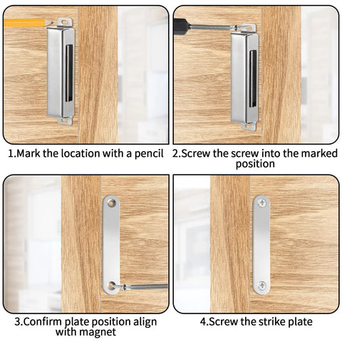 Step-by-step installation of 4 Pack 150Lb Heavy Duty Magnetic Door Catches For Cabinets Closets Wardrobes Cupboards Kitchen Bathroom 3.74 Inch Stainless Steel With Screws Keeps Doors Snug And Secure.