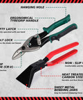 6 In 1 Sheet Metal Tools Set With 3 Hand Seamer Pliers Straight Jaw 45 Degree 90 Degree And 3 Aviation Tin Snips 10 Inch Straight Left Right With Handy Storage Case For HVAC Duct Work, showing ergonomic handles and blade details.