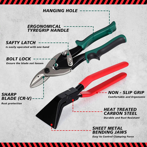 6 In 1 Sheet Metal Tools Set With 3 Hand Seamer Pliers Straight Jaw 45 Degree 90 Degree And 3 Aviation Tin Snips 10 Inch Straight Left Right With Handy Storage Case For HVAC Duct Work, showing ergonomic handles and blade details.