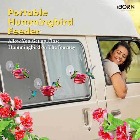 Window Hummingbird Feeder Three Pack With Strong Suction Cup And Stainless Steel Base attached to van window with hummingbirds