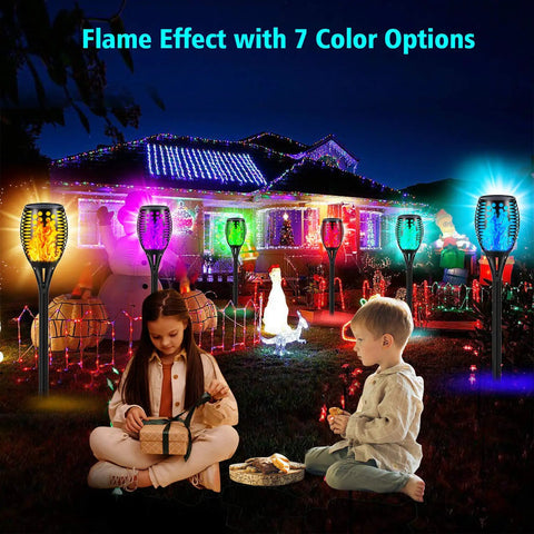 Cool Multicolor Solar Torch Lights Waterproof Outdoor Path Lighting With Dancing Flame Effect 7 Color LED Modes display