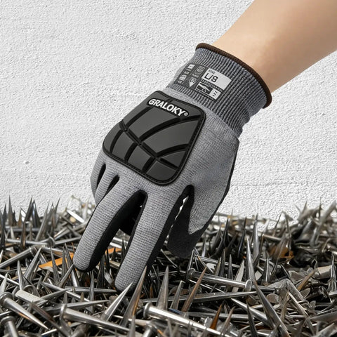 Heavy Duty Safety Work Gloves For Men And Women With A9 Cut Protection, Puncture Level 5, showing impact level 2, nitrile grip on nails