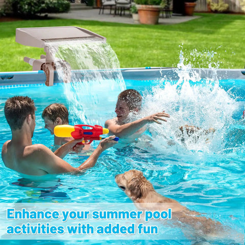 Adjustable Waterfall Pool Fountain for Above Ground Pools Easy to Install and Fits Various Frame Sizes installed with family