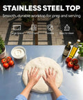 Hands preparing dough on 304 stainless steel worktop of Heavy Duty Outdoor Pizza Oven Table 36 By 24 Inches With Locking Wheels.