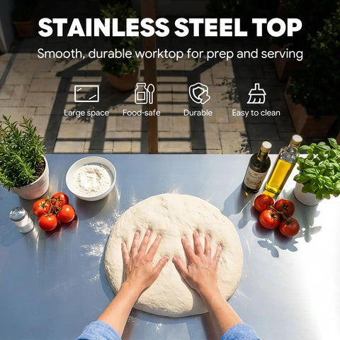 Hands preparing dough on 304 stainless steel worktop of Heavy Duty Outdoor Pizza Oven Table 36 By 24 Inches With Locking Wheels.