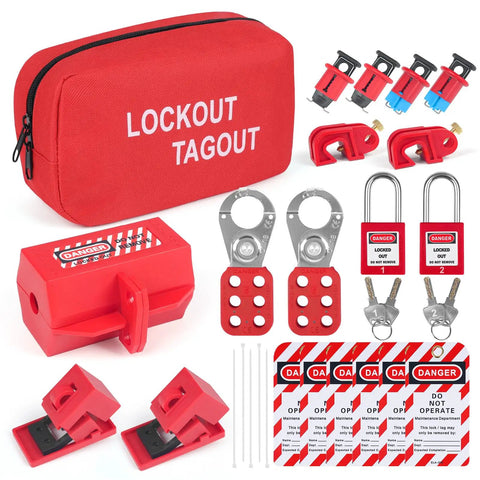 Lockout Tagout Kit For Electrical Safety Station Hasp Latch Circuit Breaker Tags And Safety Loto Locks With Nylon Ties And Pocket Bag Red 25 Piece Set For Industrial Factory Protection displayed with all components and red bag on white background.