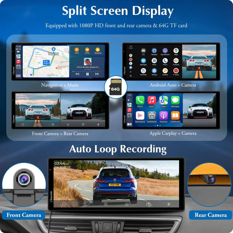 Slick Wireless CarPlay And Android Auto Dash Cam System With 9.3 Inch HD IPS Touch Screen showcasing split screen display