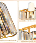 Set Of Two Gold Crystal Wireless Wall Sconces With Smooth Remote Control Rechargeable Cordless Lighting Featuring 12 RGB Colors And 3 CCT White Adjustable Dimming Options For Bedroom Living Room Total Glow Up No Sweat Install close-up of elegant K9 crystal lampshade