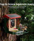 Solar Powered Bird Feeder With Camera And 2K HD Video For Real Time Bird Watching, AI Species Identification, Instant Arrival Alerts, Weatherproof Outdoor Design, Easy Setup For Effortless Bird Watching, Dope Gift For Bird Lovers, Red, mounted on tree with squirrel deterrent feature