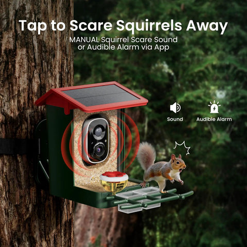 Solar Powered Bird Feeder With Camera And 2K HD Video For Real Time Bird Watching, AI Species Identification, Instant Arrival Alerts, Weatherproof Outdoor Design, Easy Setup For Effortless Bird Watching, Dope Gift For Bird Lovers, Red, mounted on tree with squirrel deterrent feature